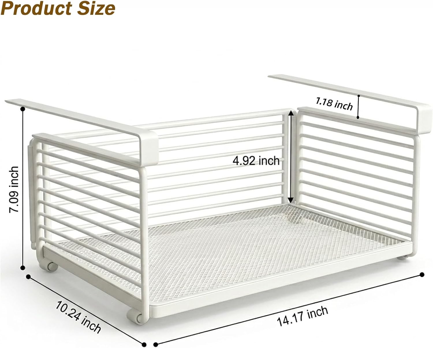 Under Cabinet Organizer, 14.2 Inch Slide Out Storage Basket, Metal Wire Hanging Rack for Kitchen Pantry, Closet, Office, Bathroom, Space Saving White Metal Shelf , White