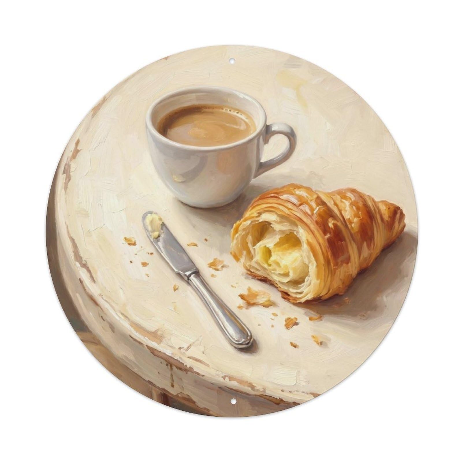 Screenprint French Shop Espresso Coffeehouse Croissant Metal Tin Sign Plaque Wall Decor for Cafe, Man Cave, Club Bar, Office, Home Garden Round Metal Poster 8x8Inch