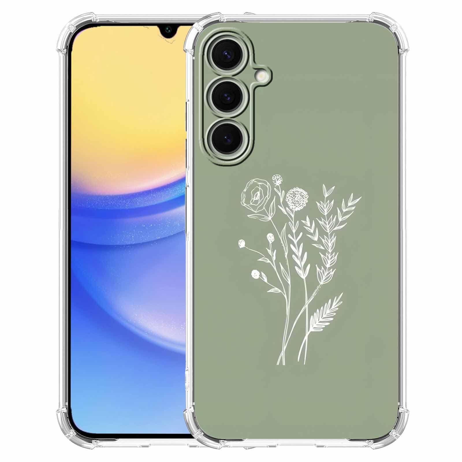 malegaon Green Flower Case for Samsung Galaxy A15,Aesthetic Abstract Minimalism Floral Pattern,Soft TPU Full Cover Case for Galaxy A15