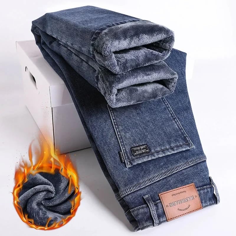 Men's Slim Straight Elastic Denim Pants Casual Male Clothing Plush Trousers Winter Fleece Thick Warm Jeans3