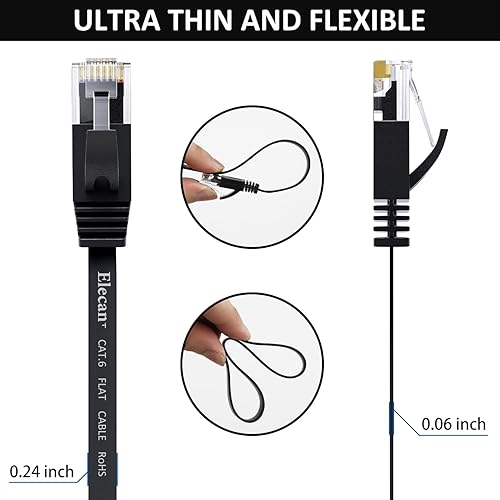 Miniatura 4 de Elecan Cable Ethernet plano Cat 6 de 2 pies5 unidades, cables de conexión cortos delgados de alta velocidad, cables de Internet, 30 AWG de cobre
