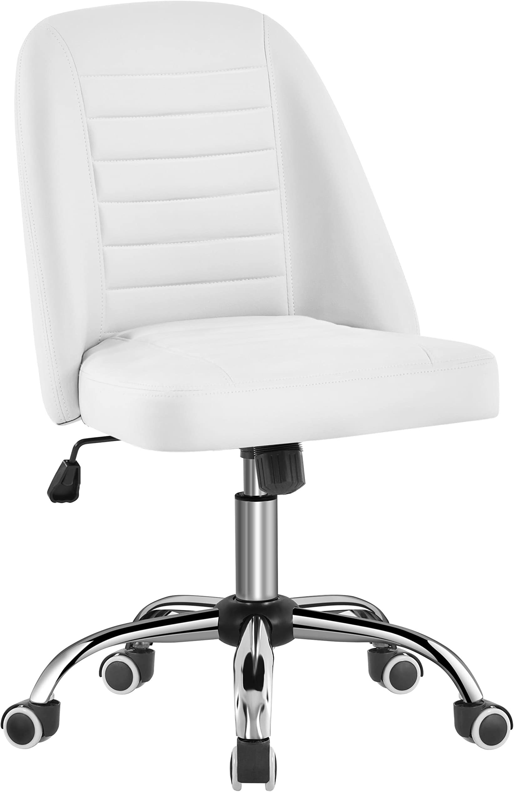 Mid Back PU Leather Armless Desk Office Chair, Modern Vanity Chair with Rolling Wheels, Metal Base White