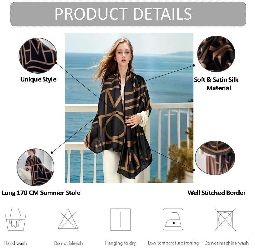 Image of Alexvyan Satin Silk Summer Scarves 170 x 84 cm, Black and Gold Geometric Pattern with Stitched Border, Lightweight Fashion Scarf for Women Sun Protection Stole