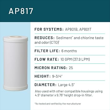 3M Aqua-Pure Whole House Replacement Water Filter Cartridge AP817, for use with AP801 Housing, 25 Micron, Reduces Chlorine, Taste and Odor
