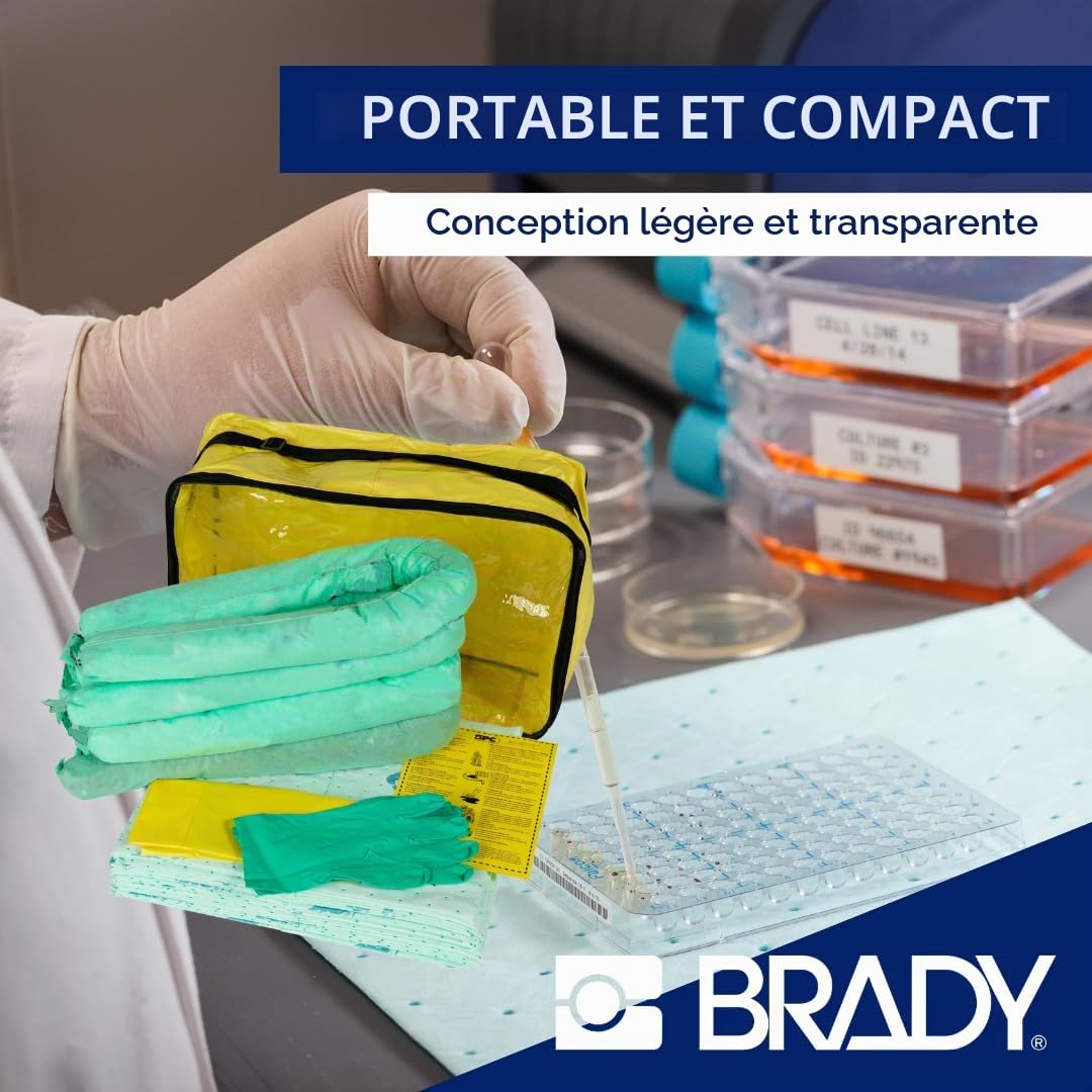 SPC® by Brady Kit Anti-Pollution Chimique – Kit Absorbant Chimique pour Déversements de Produits Chimiques Dangereux, Inclus 25 Feuilles Absorbantes Chimiques, 4 Boudins, Gants et Sac de Déchet