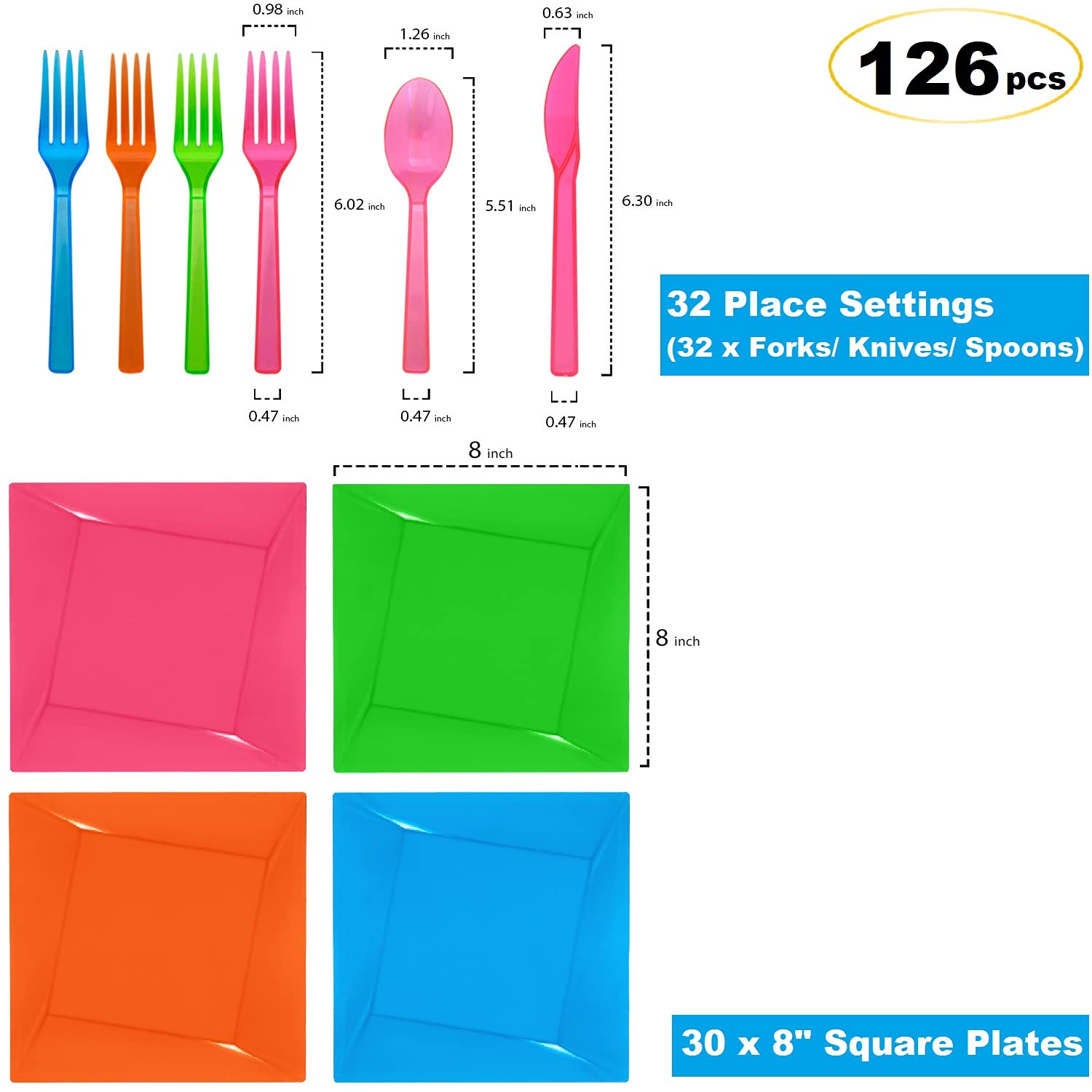 Party Essentials Colorful Twist Square Plastic Plates, 8" Salad 30-Count with 96 Cutlery, Assorted Neon