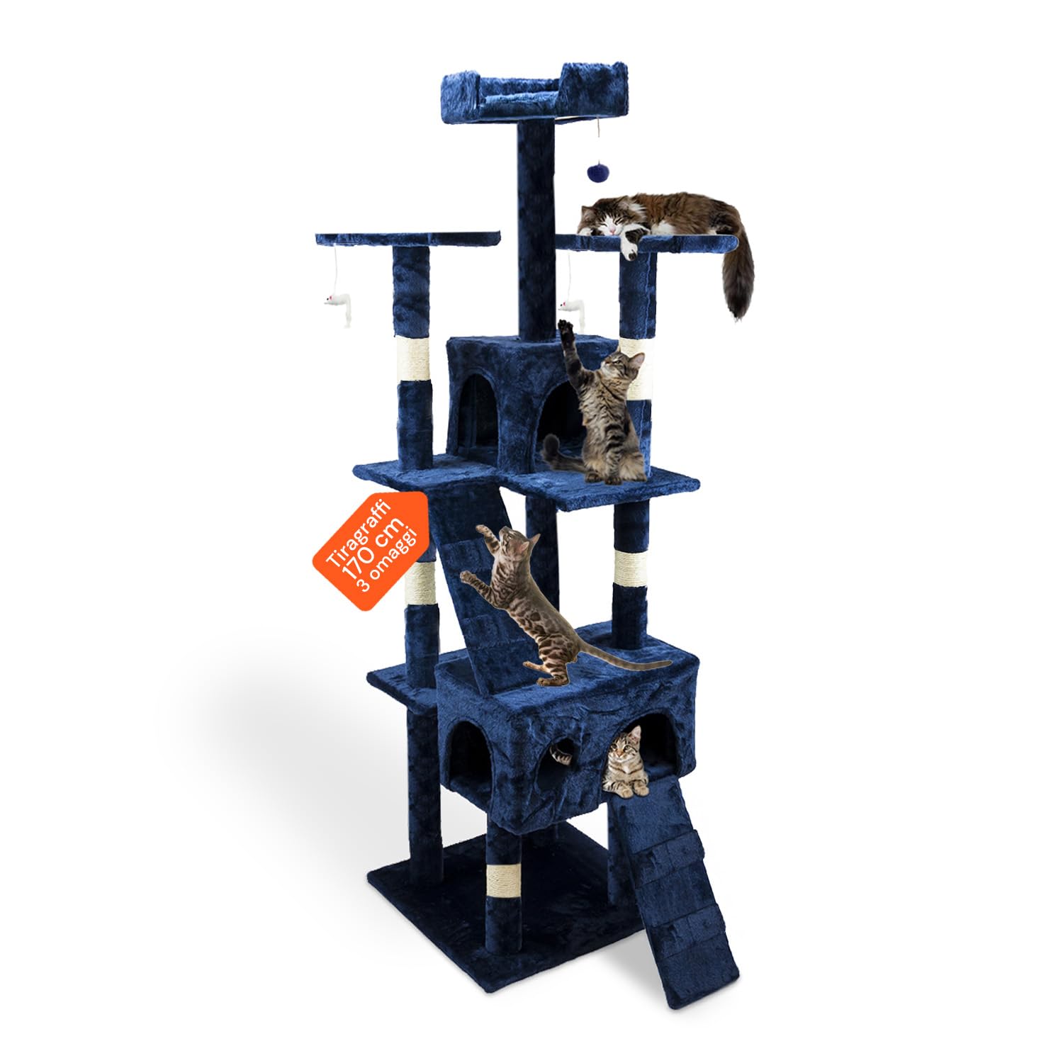 Wintem Tiragraffi da 170Cm con Cuccia per Gatti Albero Parco Giochi Gioco Tira Graffi per Gatto (Blu)