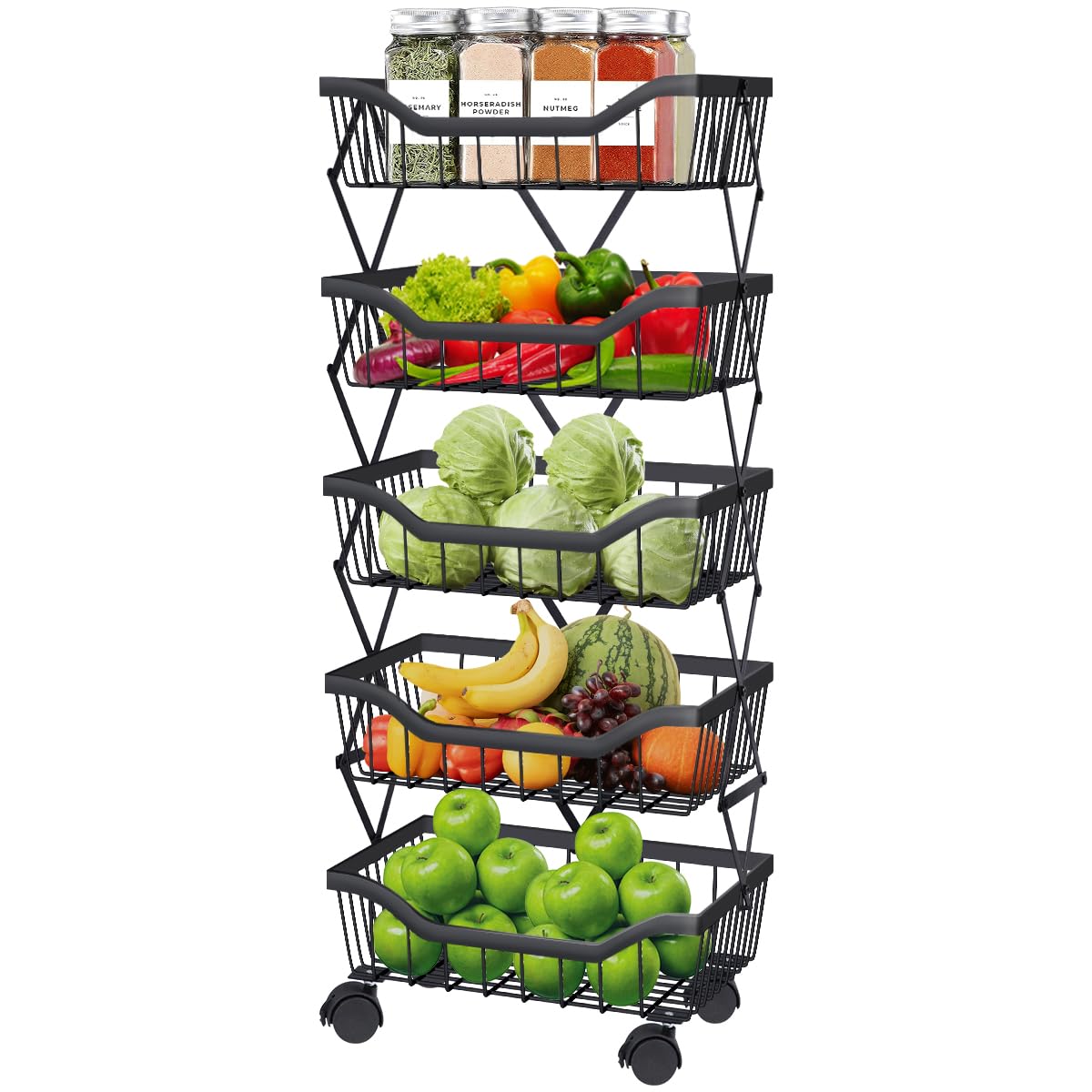 Newzealkids Fruit Vegetable Storage Basket 5 Tiers Stackable Metal Wire Fruit Basket Kitchen Cart with Wheels Vegetable Storage Holder for Onions