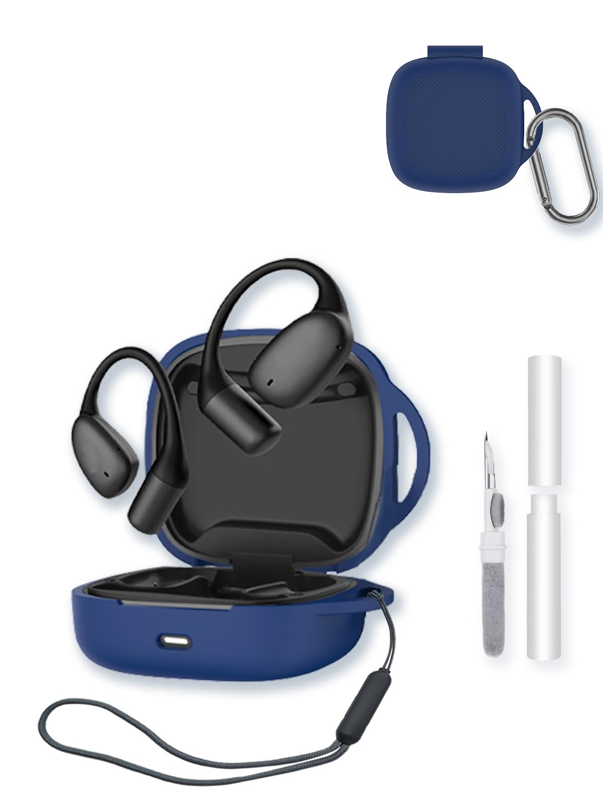 Raycon Essential-Schutzhülle für offene Ohrstöpsel, weicher Schutz, BOVUGAC Silikon-Schutzhülle mit Schlüsselanhänger, Reinigungsset und Umhängeband, Blau