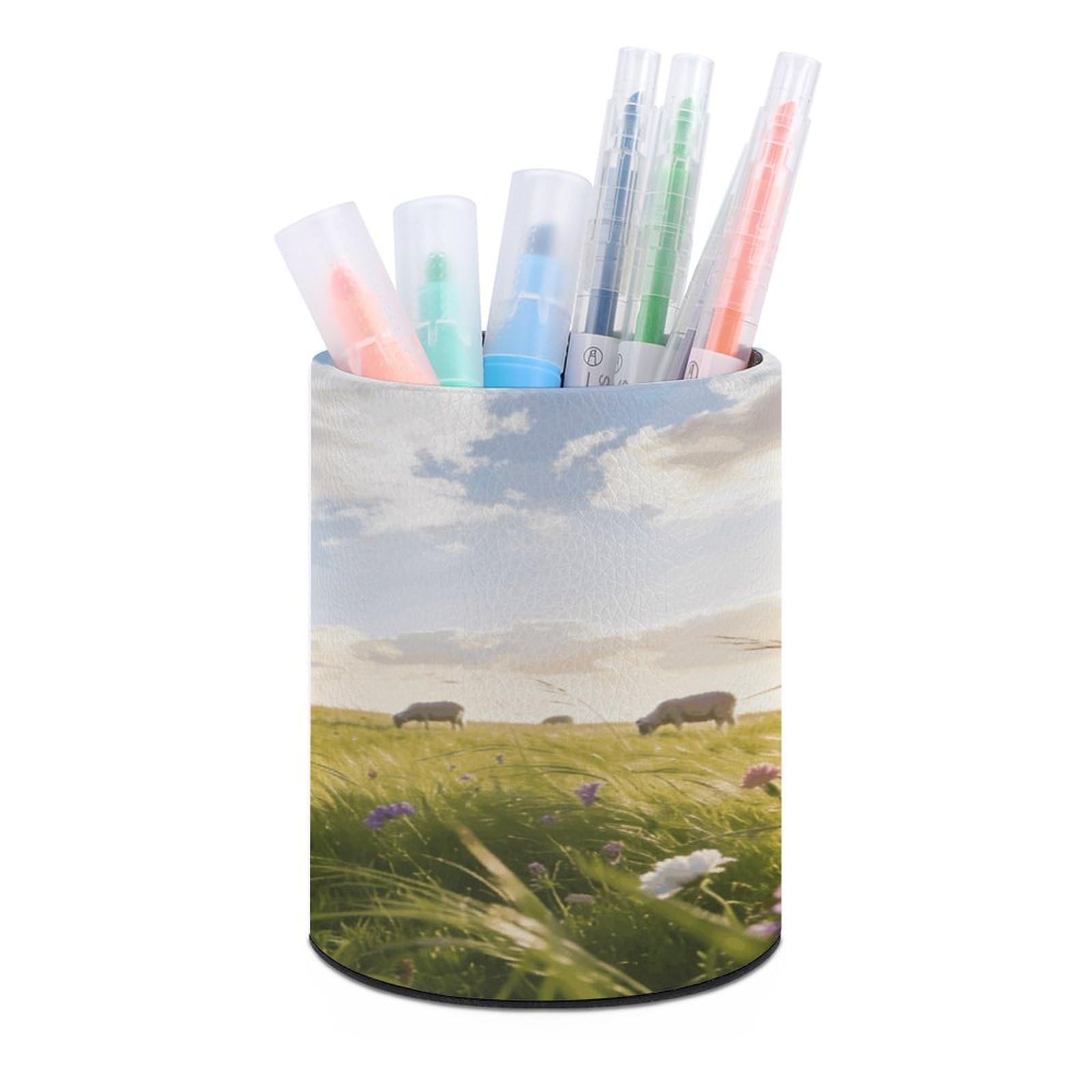LZQPOEAS - Meadow Pen Holder for Desk Organizer Modern Minimalist Storage Case Round PU Leather Pencil Holder Multifunctional