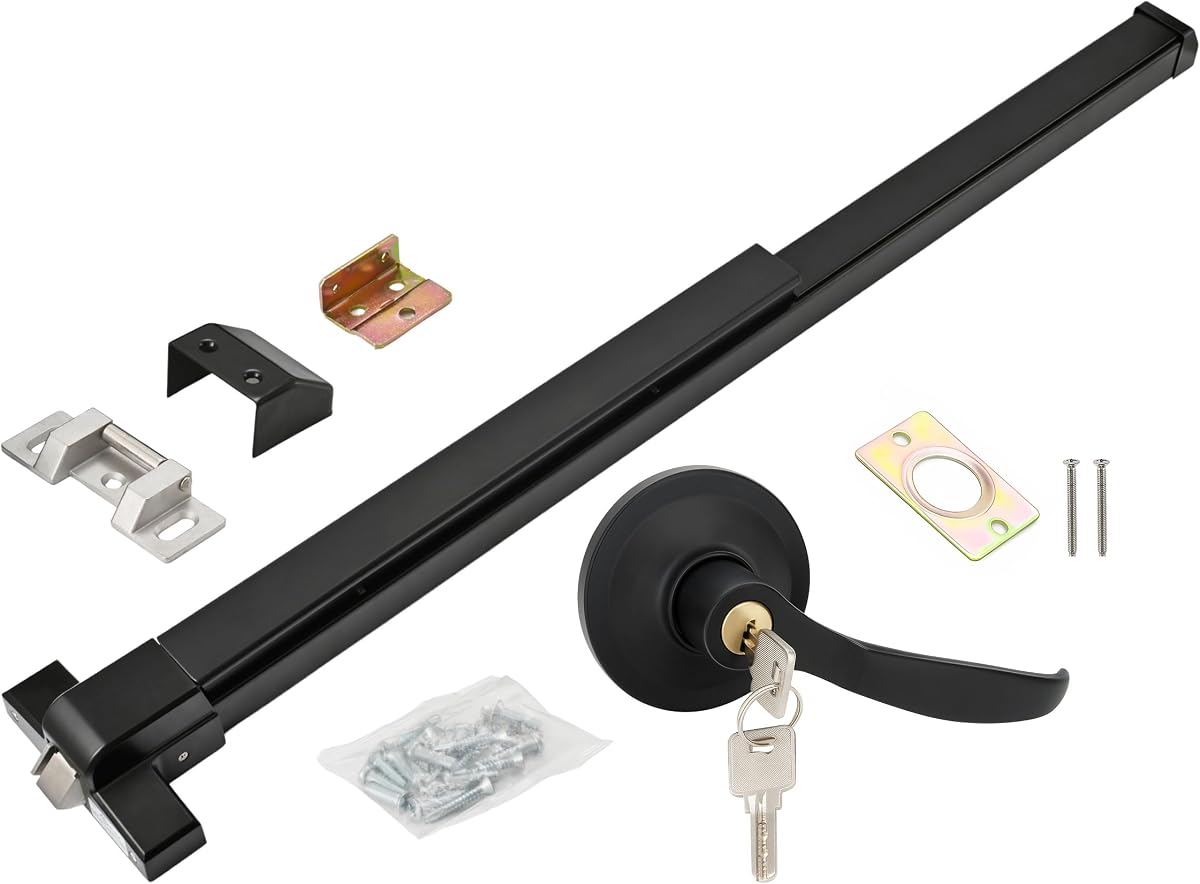 33.5" Panic Bar Exit Device with Exterior Lever Lock & Key Set, Commercial Push Bar Door Lock with Roller Strike Plate & End Caps, UL10C & ANSI Grade 1 Certified Emergency Exit Hardware
