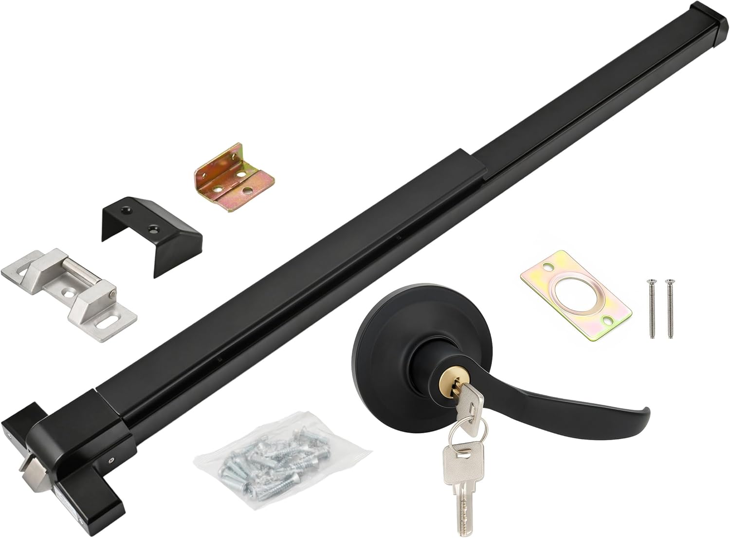 33.5" Panic Bar Exit Device with Exterior Lever Lock & Key Set, Commercial Push Bar Door Lock with Roller Strike Plate & End Caps, UL10C & ANSI Grade 1 Certified Emergency Exit Hardware