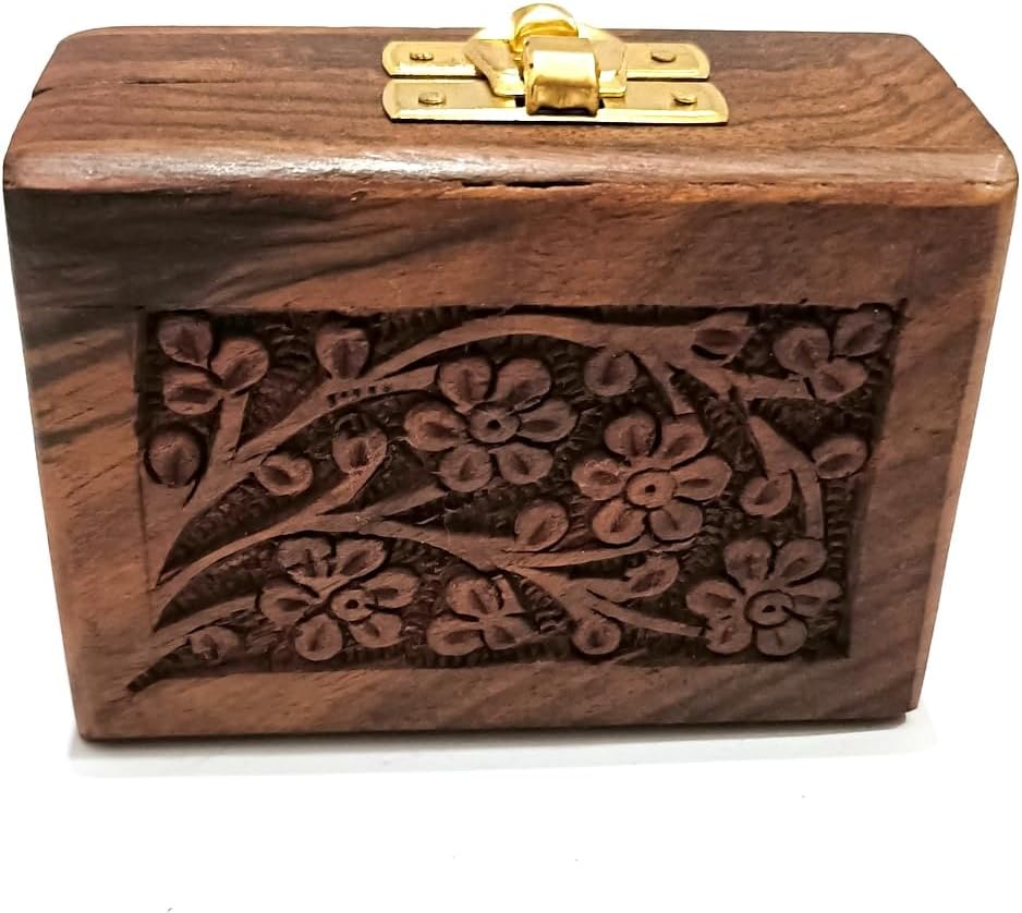 Handcrafted Wooden Jewelry Box with Floral Carved Design, Gold-Tone Latch