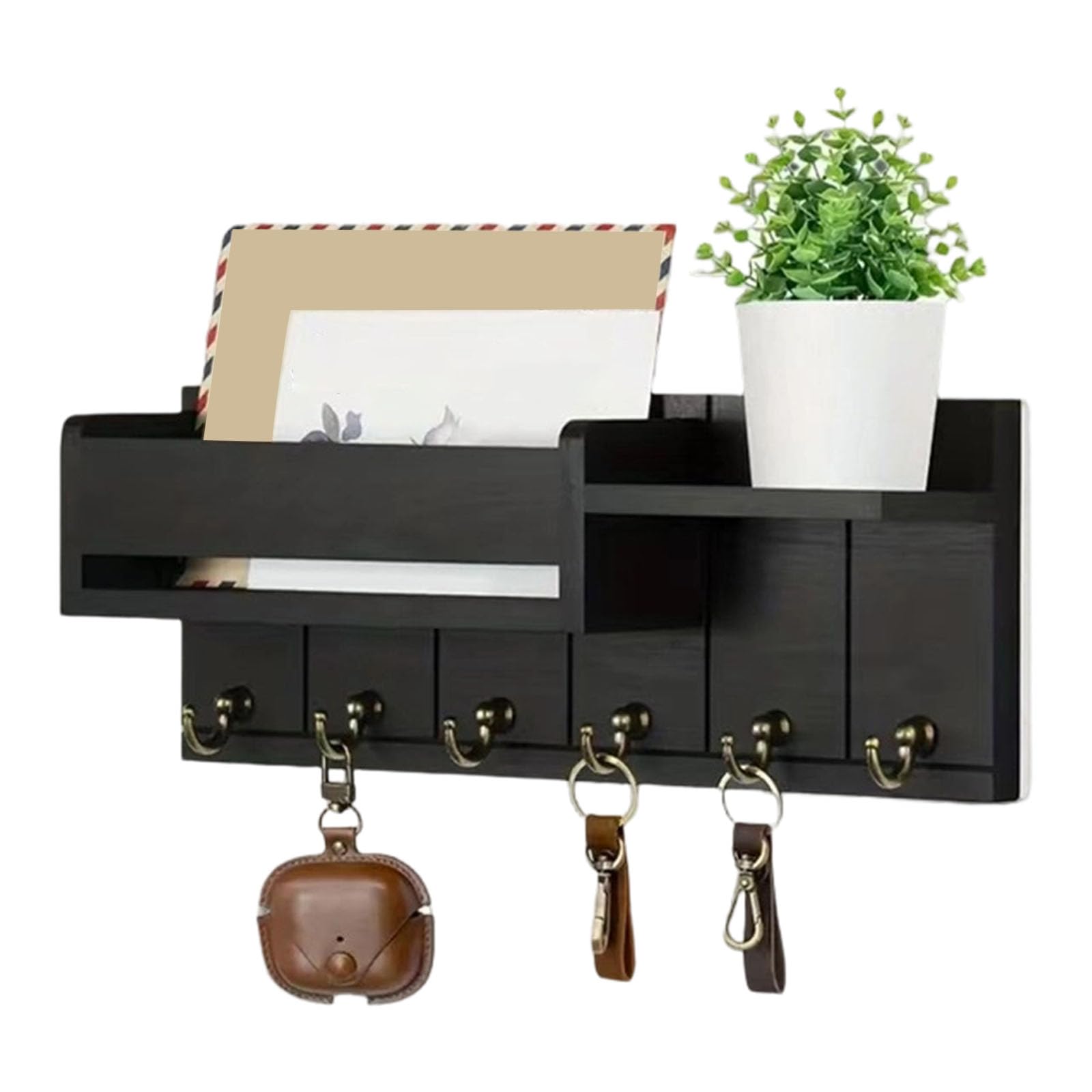Woedpez Natural Wood Wall Storage Solution Having Multiple Compartments and Hooks for Mail Keeping and Decor Handcrafted Wood Mail Holder