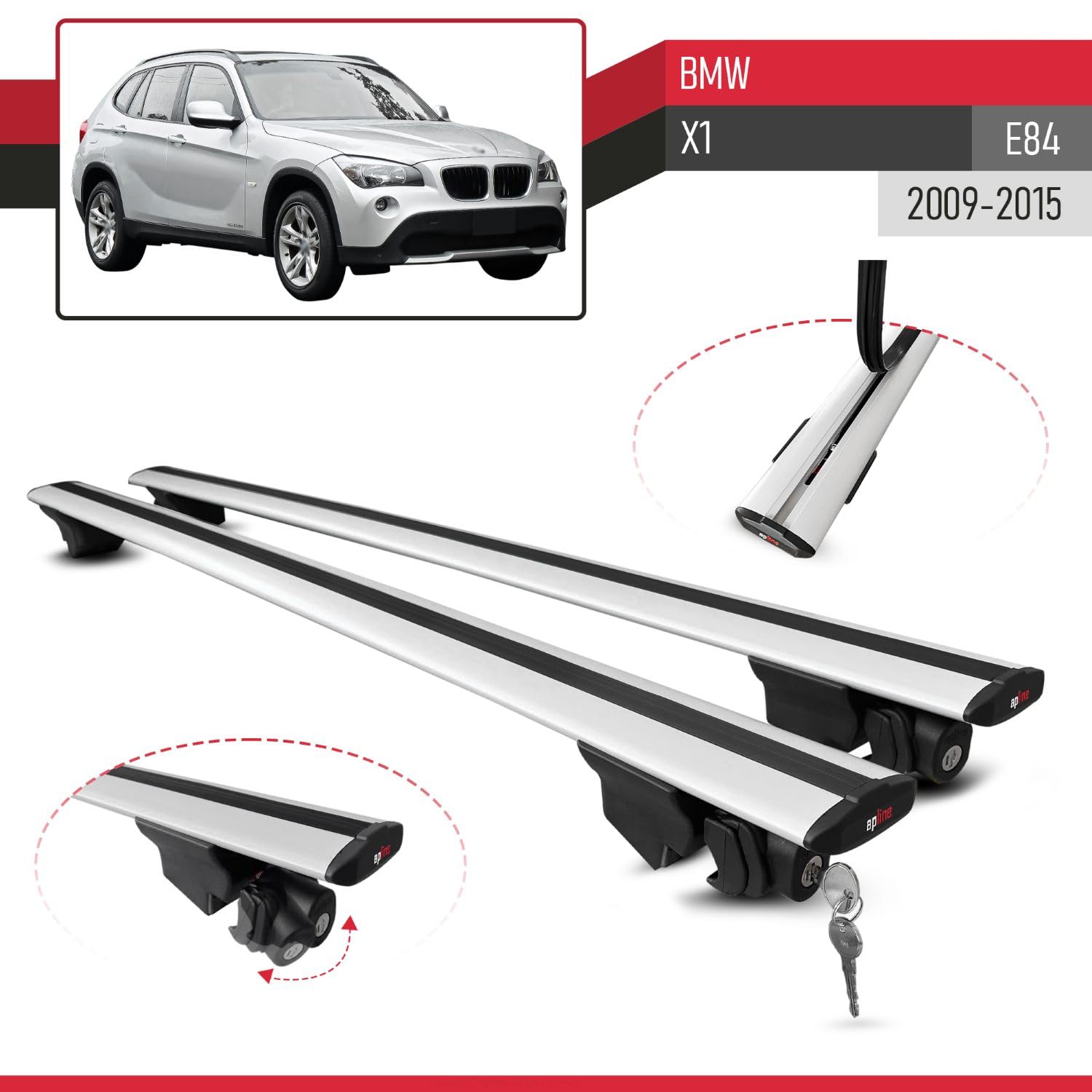 Compatible con BMW X1 (E84) 2009-2015 Modelo Hook Barra de Techo Auto Portaequipajes Barras Transversales Gris Aluminio 2 Barras