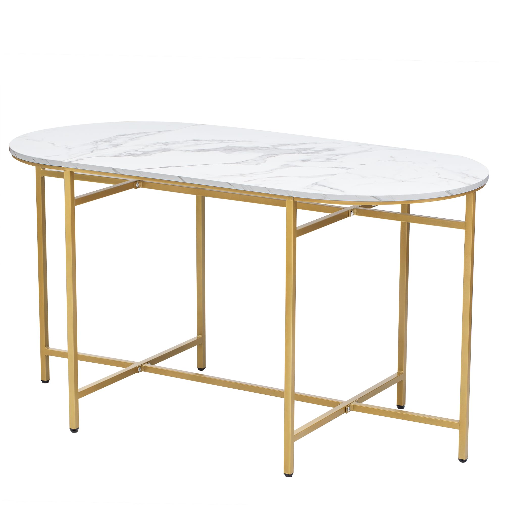 Set Tavolo Da Pranzo Moderno Con 6 Sgabelli | Bianco E Oro, Struttura Acciaio | 140x70x76 Cm, Portata 120 Kg
