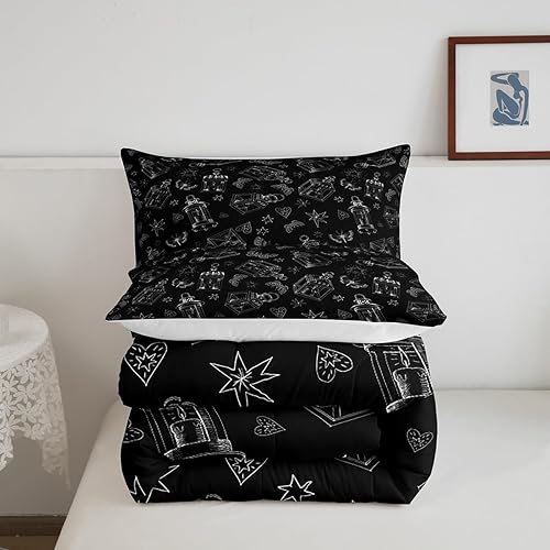 Miniatura 5 de Manfei Juego de edredón negro a la moda, tamaño Queen, velas con estampado de mariposas y 2 fundas de almohada, juego de ropa de cama blanco y negro