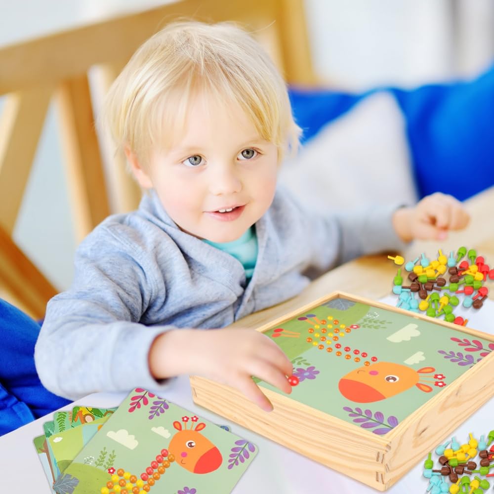 RANJIMA Juego de mosaico para niños, juguetes a partir de 2, 3, 4, 5 años, mosaico de madera, juego de manualidades para niños, tenedores con cuentas, regalos 3D para niños, niñas, Navidad, animales