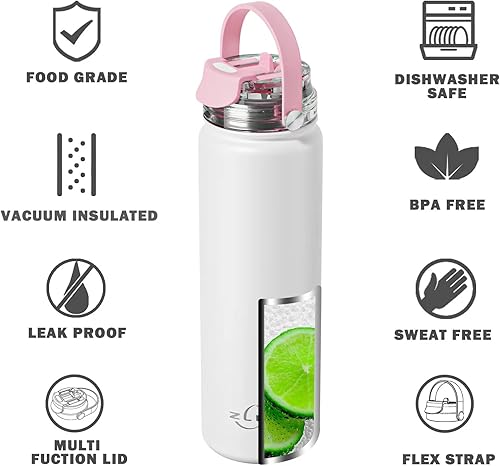 Miniatura 3 de ZLINS Botella de agua aislada de 22 onzas con tapa de doble uso (sorbo con popote y bebida abatible), vaso térmico de acero inoxidable a prueba de