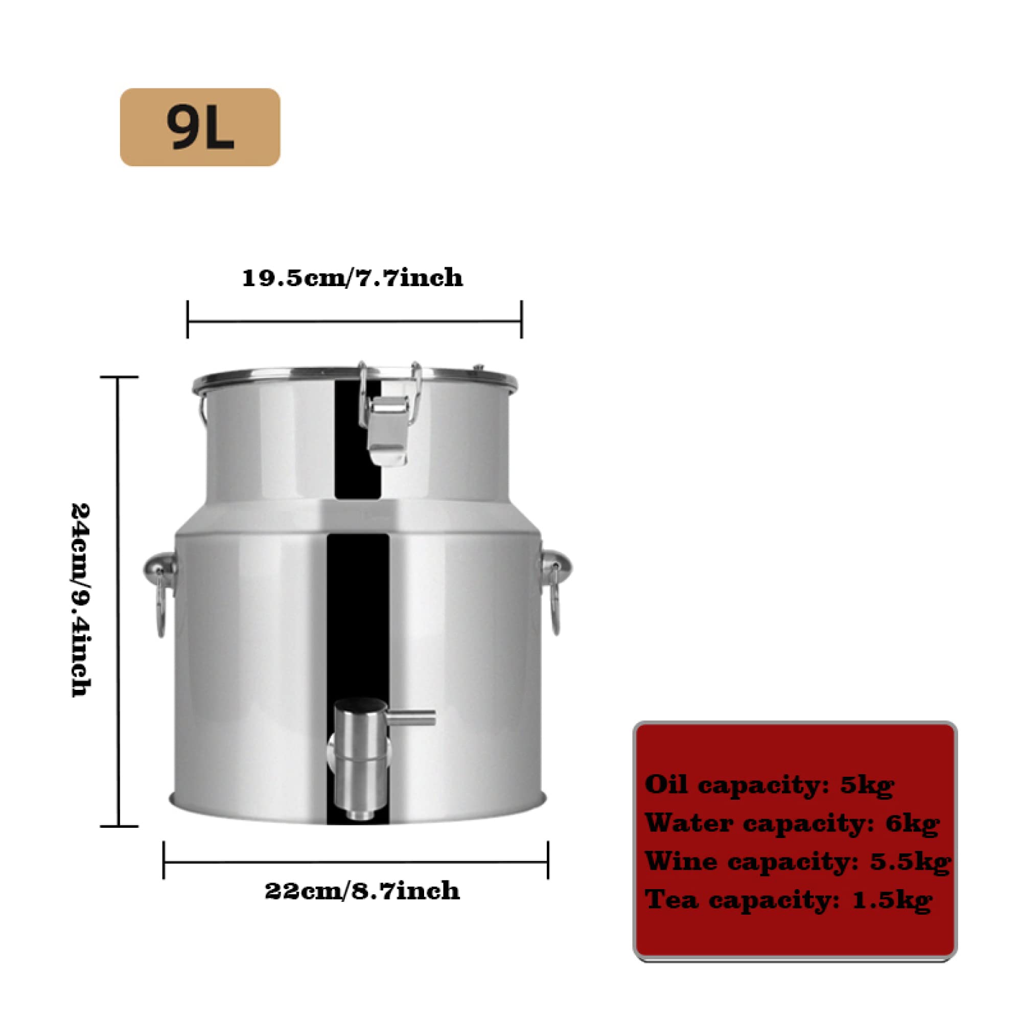 Bidón De Acero Inoxidable para Transporte De Leche con Grifo, Recipiente para Lácteos De 9 L para Almacenamiento De Líquidos,Siliver-9L