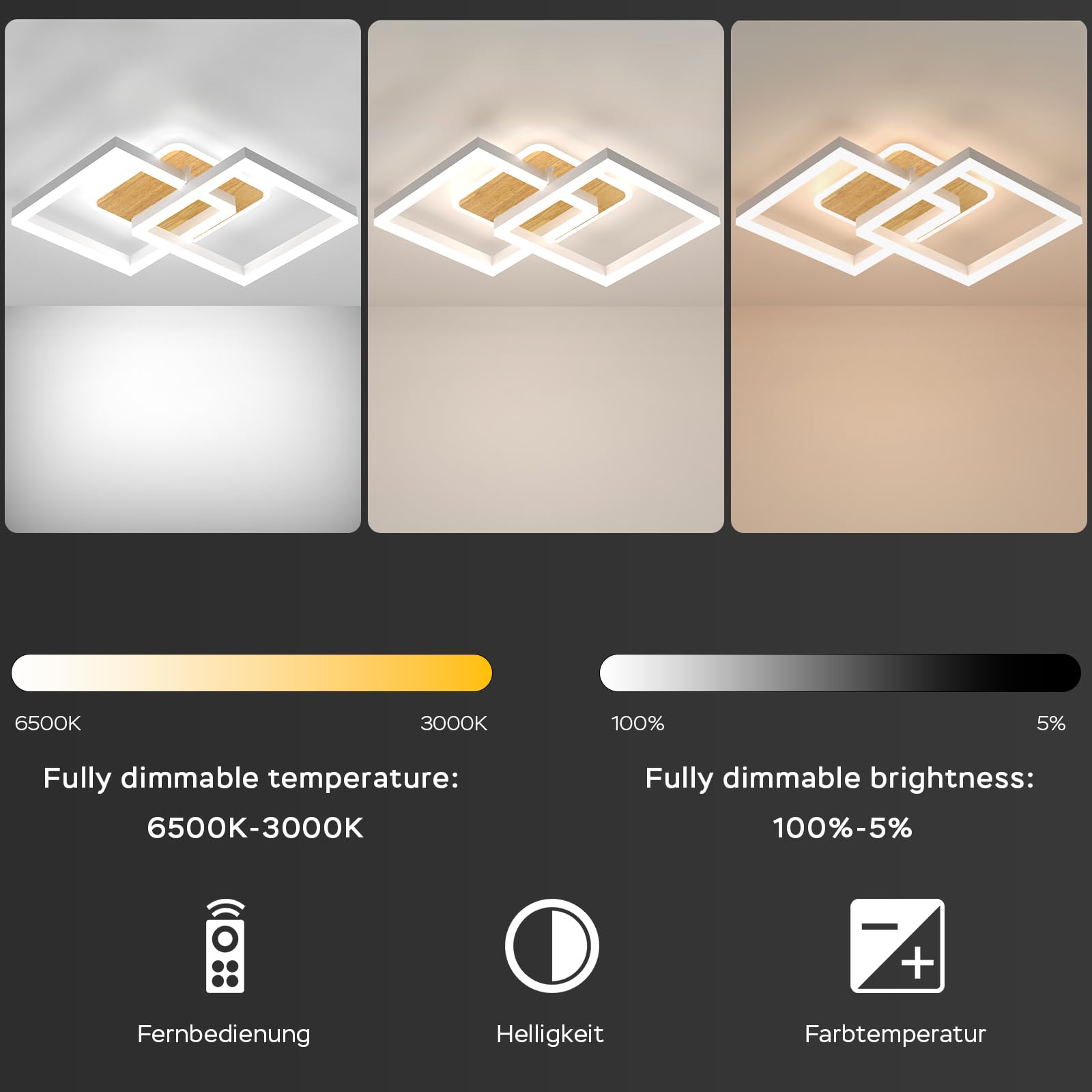 ANTENLICHT plafoniera led soffitto moderna plafoniera salotto Dimmerabile, 40W 3600LM Lampada da Soffitto, Funzione di Memoria, per Soggiorno, Camera da Letto, Sala da Pranzo, Legno-Bianco 65x42x12cm