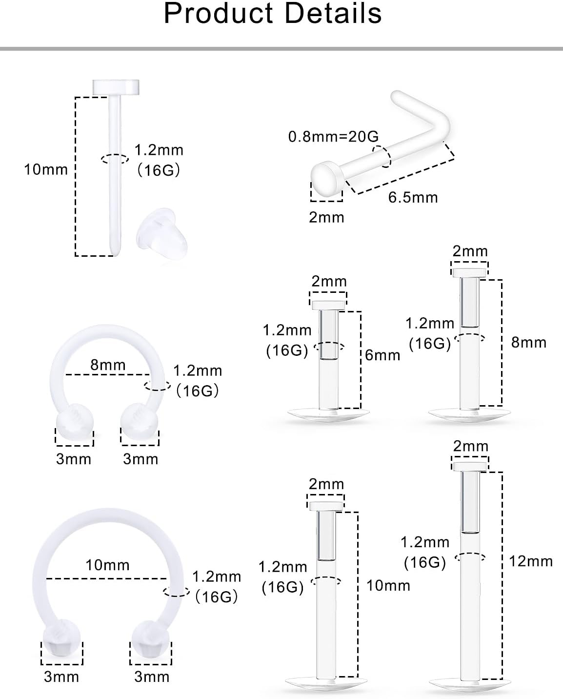 Lcolyoli 16G 18G Clear Piercing Jewelry Piercing Retainers Plastic Piercings for Surgery Sports Nose Studs for Work Clear Nose Rings Septum Retainer Cartilage Tragus Helix Earring Retainer