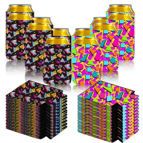 24-Piece Retro 80s 90s Vintage Can Cooler Sleeves - Memphis Fashion Neon Bottle & Can Sleeves - Party Supplies