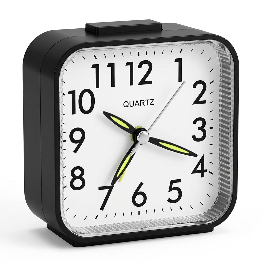 Fanlox Silent Analogue Alarm Clock, Non Ticking Battery Operated Bedside Clock with Snooze Night Light, Compact Travel Clock for Bedroom Desk Home Office (Pink)