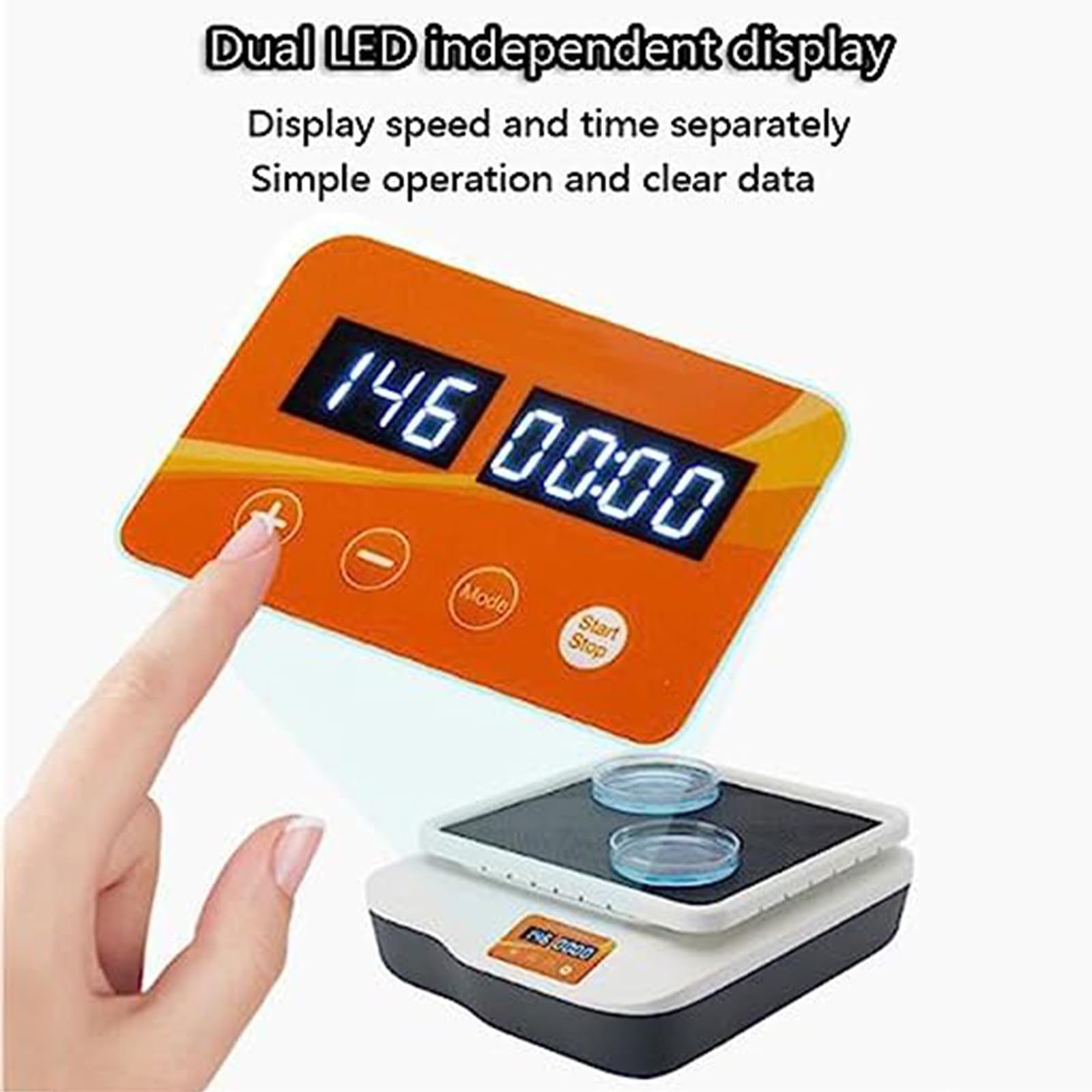 Agitador orbital digital, velocidad ajustable 40-200 RPM, capacidad de 2 kg, modos continuo y temporizador, pantalla LCD para control de velocidad y tiempo