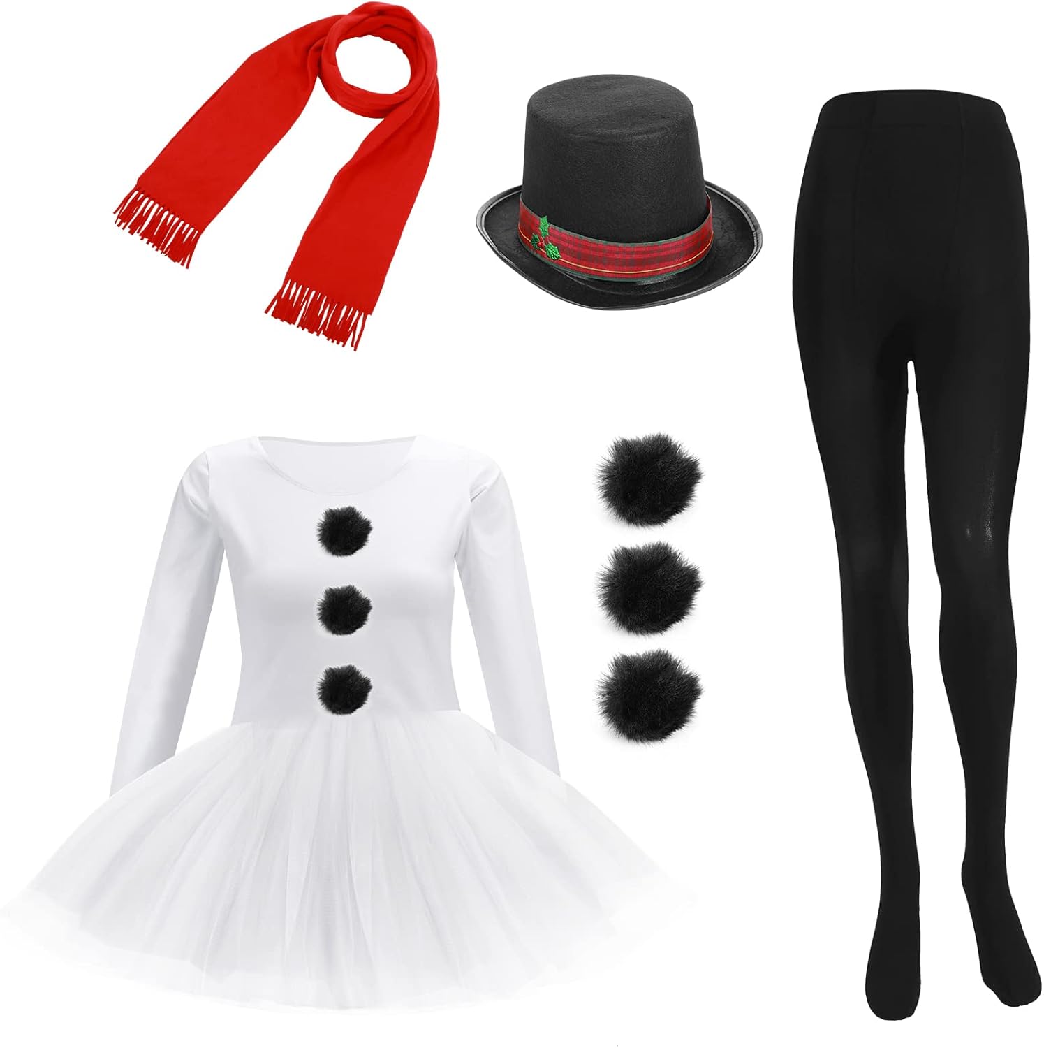 Hillban Snowman Costume for Women Kit Frosty Costume Tutu Skirt Opaque Tights Red Scarf and Snowman Top Hat for Cosplay Party