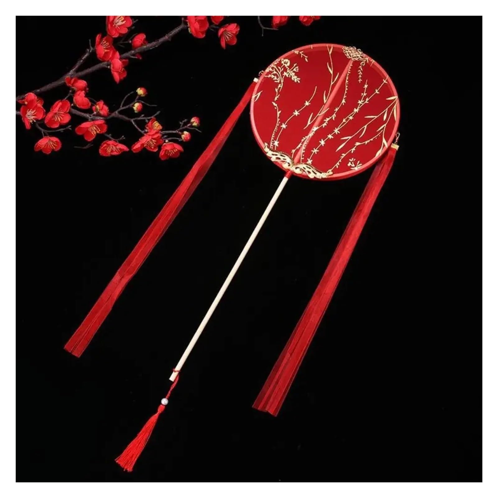 Round Fan Pendant Tassels Silk Long Handle Translucent Embroidery Photography Prop(Red)