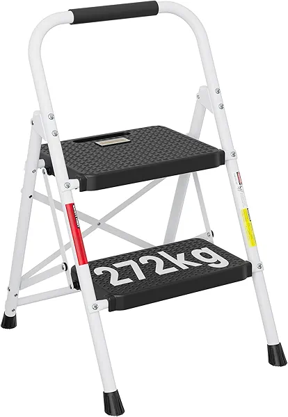 BONTEC 2-Step Ladder, Folding Step Stool, 600lbs Max Load Capacity, Sturdy Steel, Non-Slip Pedals, Lightweight, Portable Steel Ladder with Convenient Handrail, Safety Design for Home & Work,
