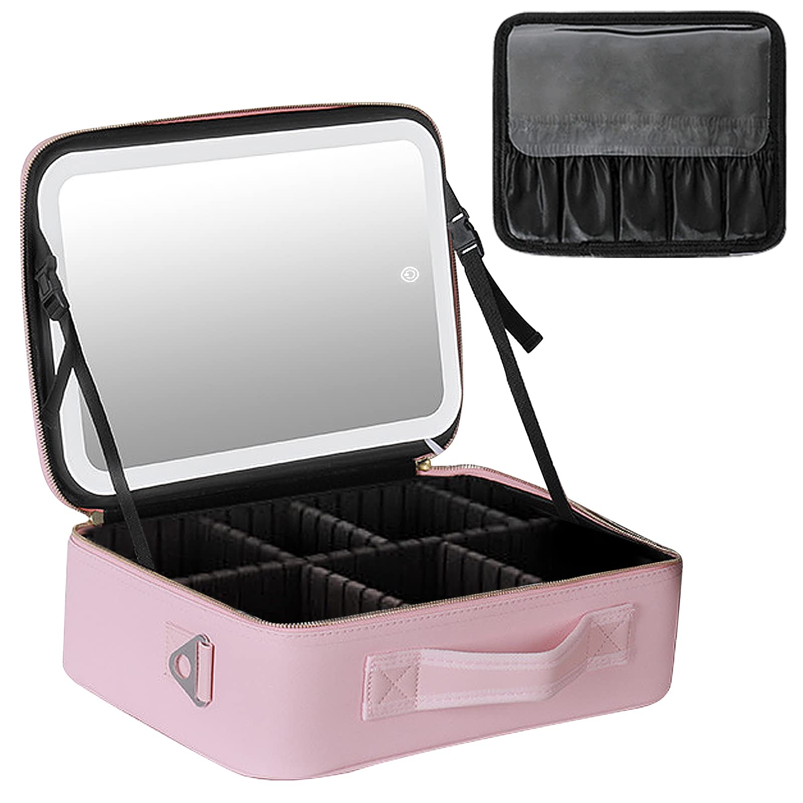 Bolsa de cosméticos de gran capacidad con espejo y luz, bolsa de cosméticos profesional con espejo iluminado, bolsa de cosméticos portátil, compacta y práctica, Rosa., large, Bolsa de cosméticos con