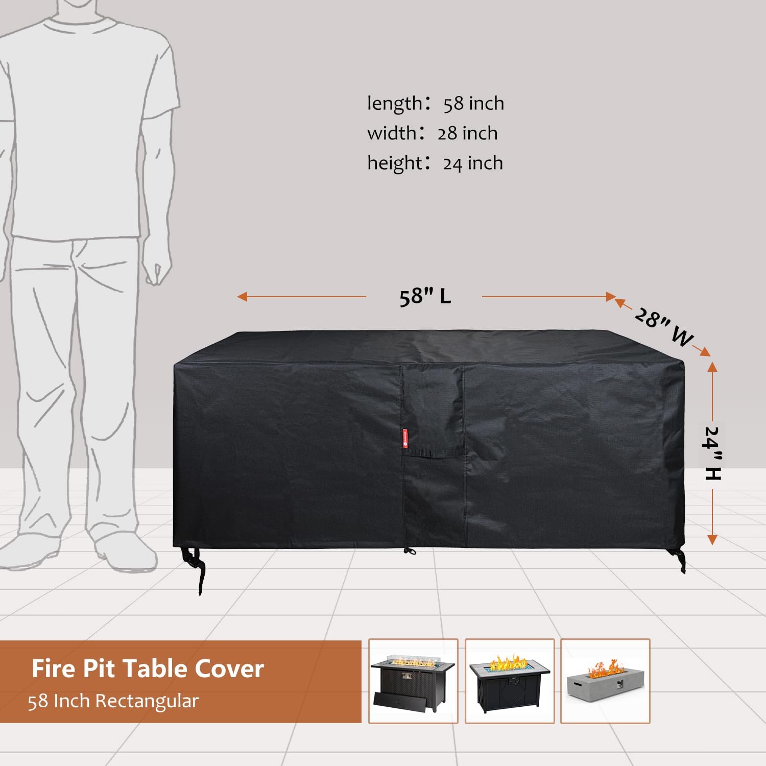 SheeChung Rectangular Fire Pit Cover,Fits 54-58 Inch-Outdoor Waterproof Anti-UV Patio Furniture Gas Fire Pit Table,58 x 28 x 24 Inches, Black - Image 2