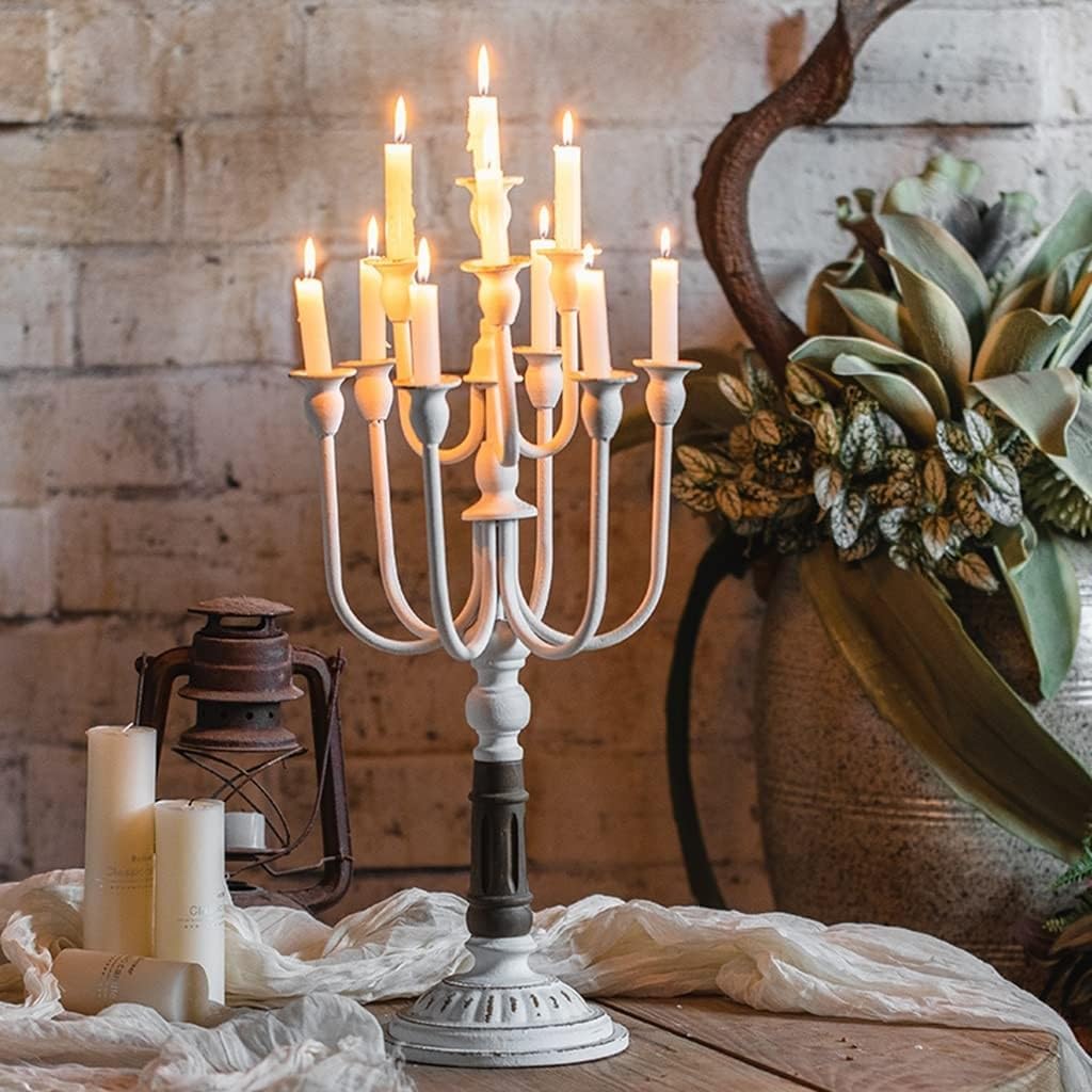 Candelabra Decorative Candle Holders 10 Arms Candelabra Metal Candle Stand Antique Candle Holder for Wedding Dinning Party Home Decor 27x27x57cm(White), Size