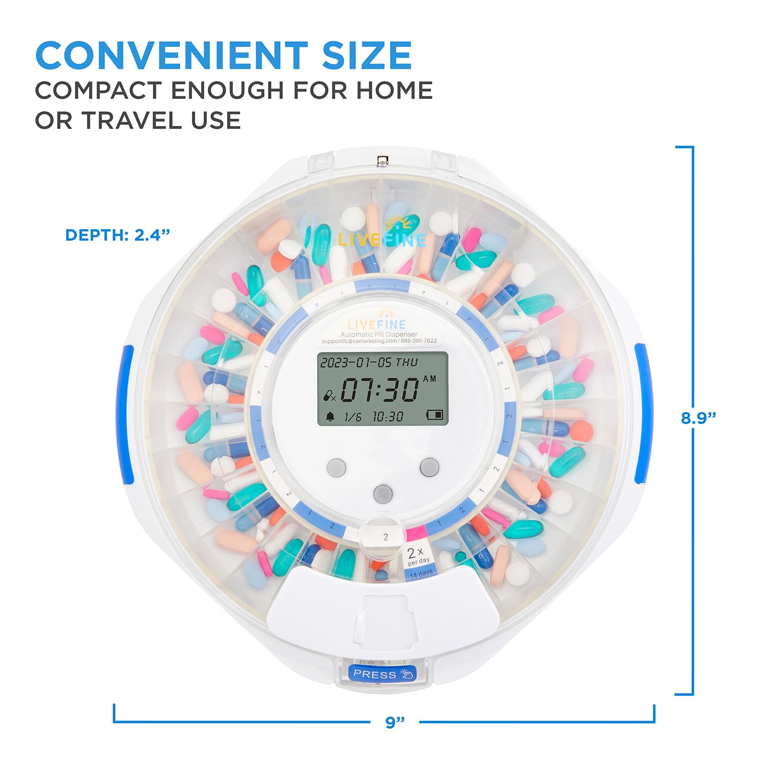 LiveFine Pilulier automatique avec organiseur électronique de médicaments de 28 jours, 6 anneaux de dosage, écran LCD avec alertes sonores et lumineuses, clé et loupe pour prescriptions, vitamines et
