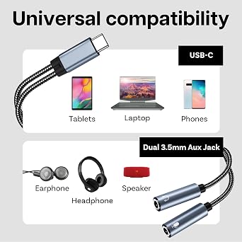 MMOBIEL USB-C to 3.5mm Aux Audio Headphone and Microphone Splitter 32 Bit Type-C to Dual 3.5mm Aux Y Splitter Headphone Microphone for iPhone 17 16 15, iPad, MacBook, Galaxy S26 S25 S24 S23 S22, Pixel