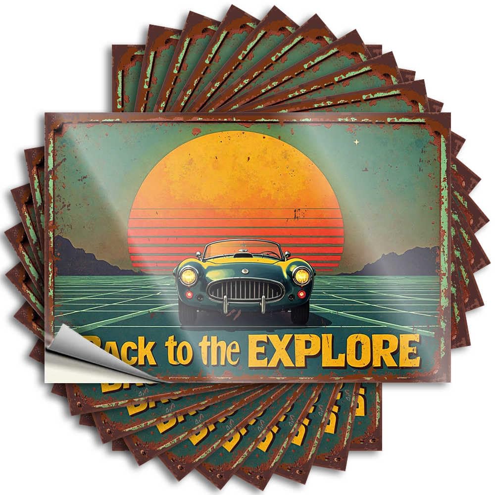 Farm Hard Sticker - Vintage Car Sunset Adventure: Back to The Explore Plastic Durable Sticker Easy Apply for Checkered Decor(8X12CM)