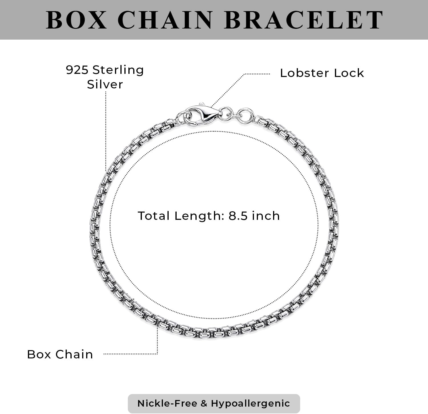 LeCalla Solid 925 Sterling Silver Italian Box Chain Bracelets for Men | Classic 3.5MM Minimalist Silver Bracelets (7.5, 8, 8.5, 9 Inches)