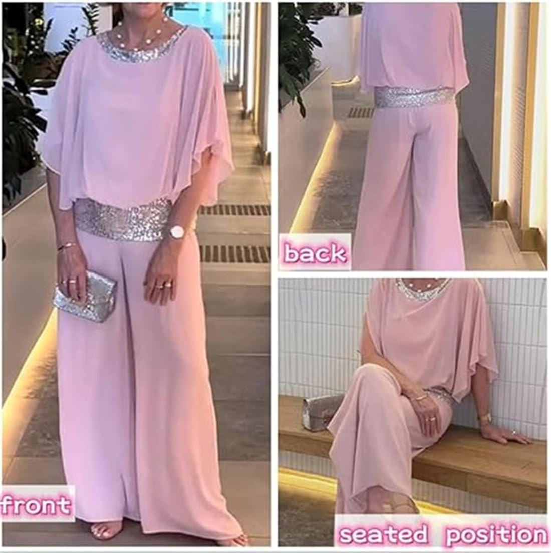 Sequined Colorblock Elegant 2-Piece Set, Womens Stylish Round Neck Elegant Loose Chiffon Shirt Sequin Pants Outfit