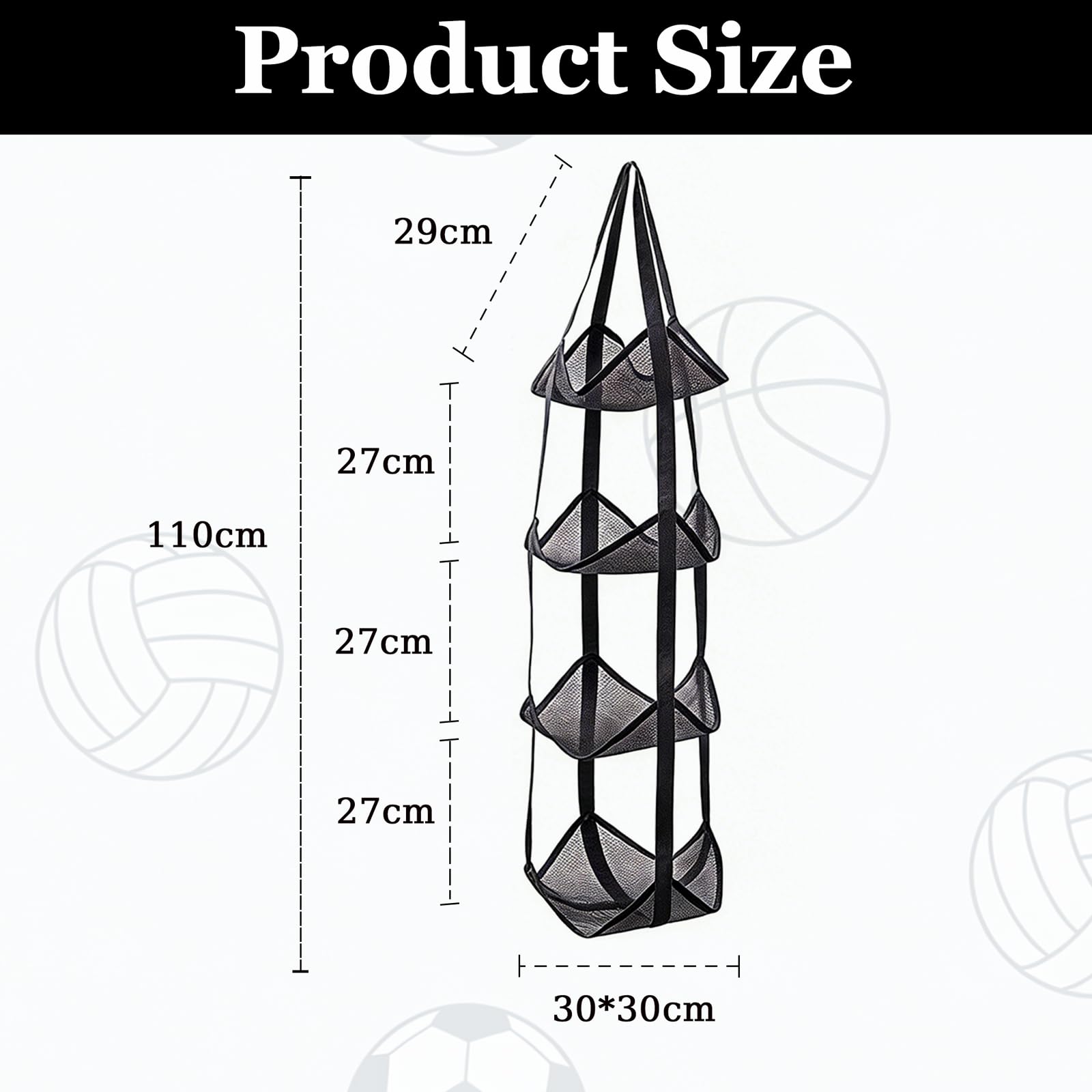 Rangement Ballon Mural Suspendu – Support Ballon 4 Niveaux, Filet de Rangement Ballons en Nylon pour Basketball Football Volleyball, Organisateur Gain de Place pour Garage, Cave, Salle de Sport (Noir)