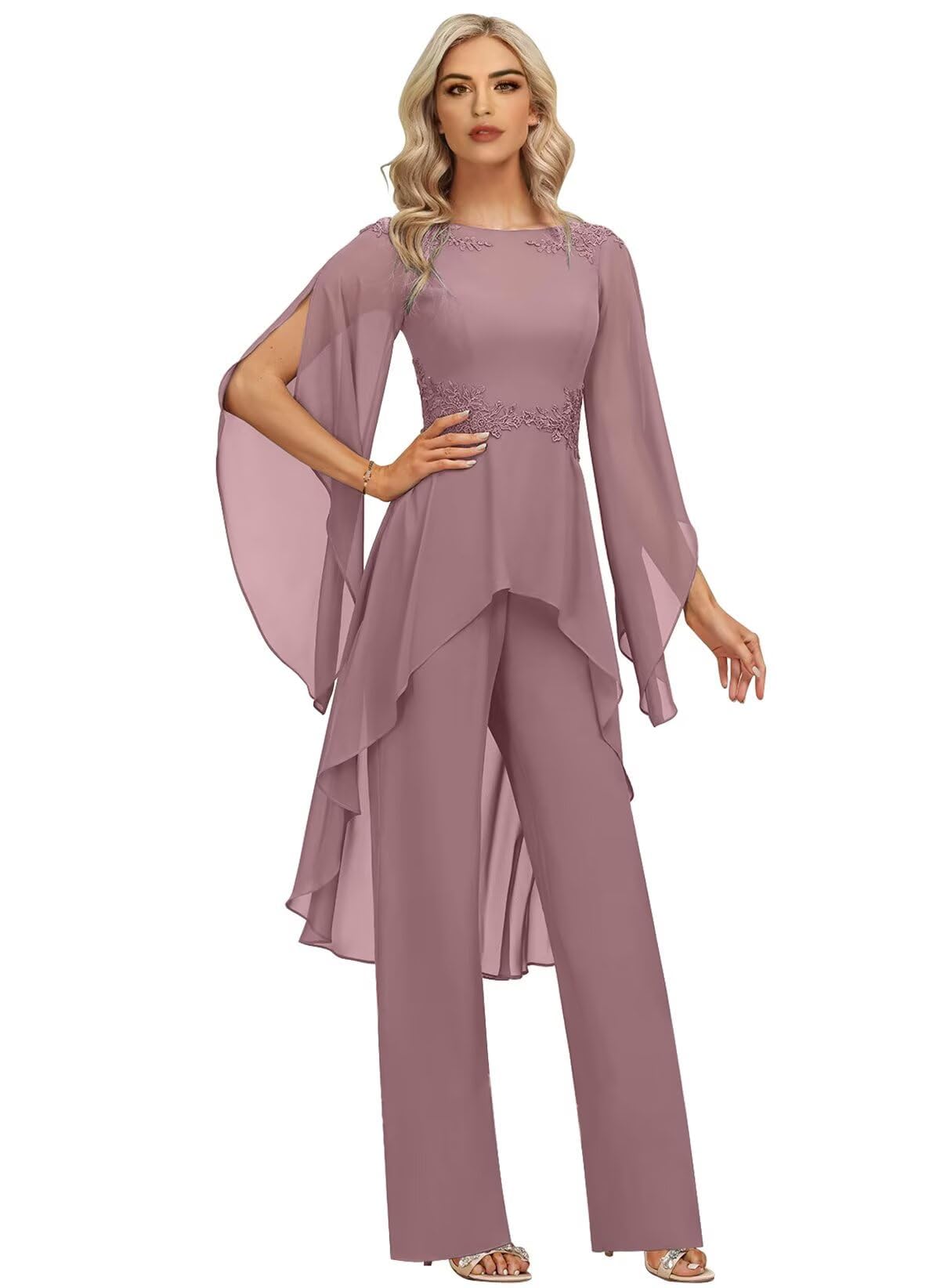 Chiffon Jumpsuit Mother of The Bride Pant Suits for Women Dressy - 2 Piece Lace Appliques Ruffle Long