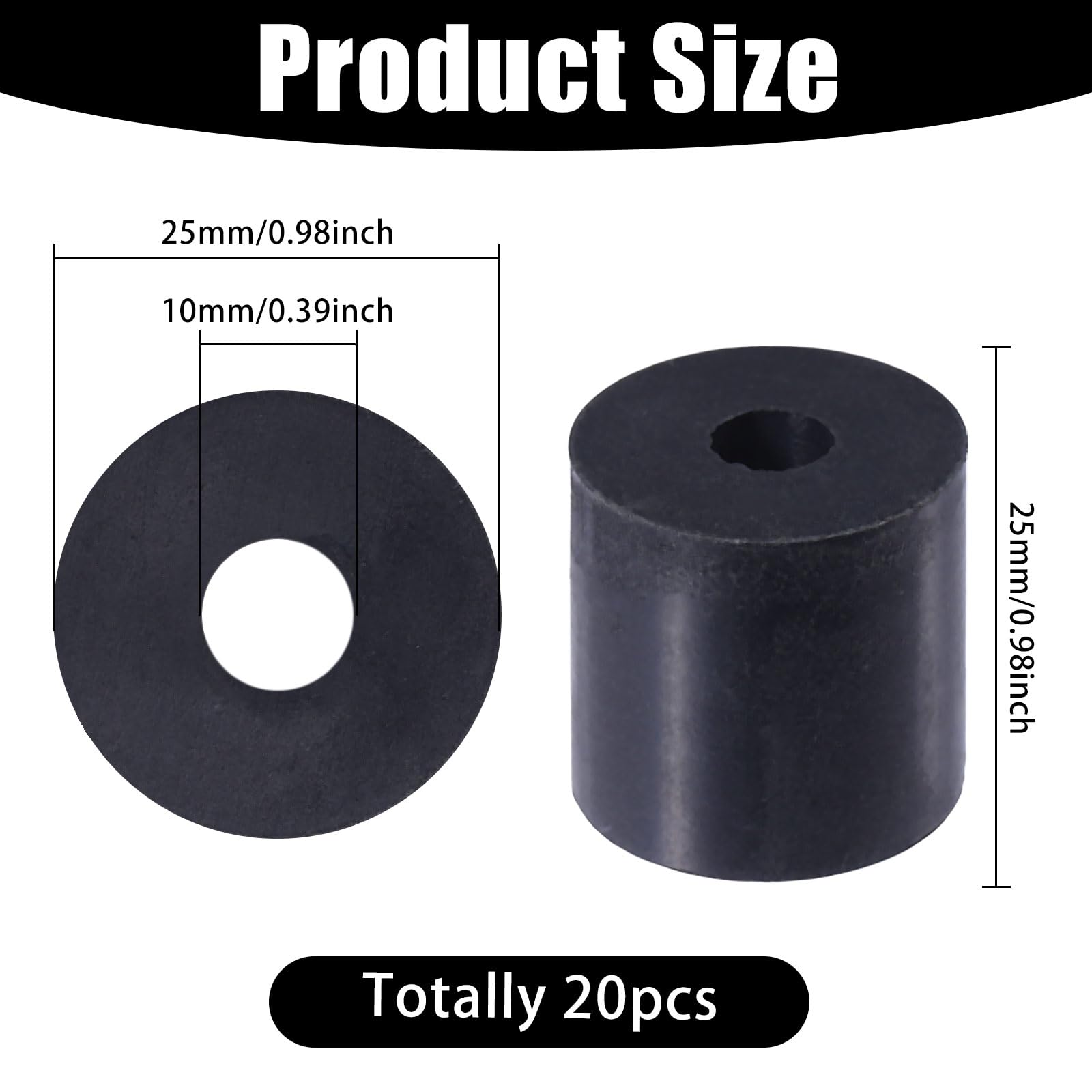 beinkmake 20Pcs Multi Purpose Rubber Spacer Rubber Spacer 1 In OD x 0.4 In ID x 1 In Thickness Black Round Vibration Isolation Bushings for Home Repair and Car Accessories - Image 2