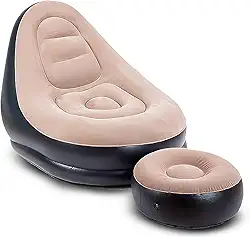 Poltrona inflável rápido portátil com banco de apoio para os pés. Resistente a furos. Linha Conforto. Acompanha apoio para os pés. Cor: Bege café. Natureasy