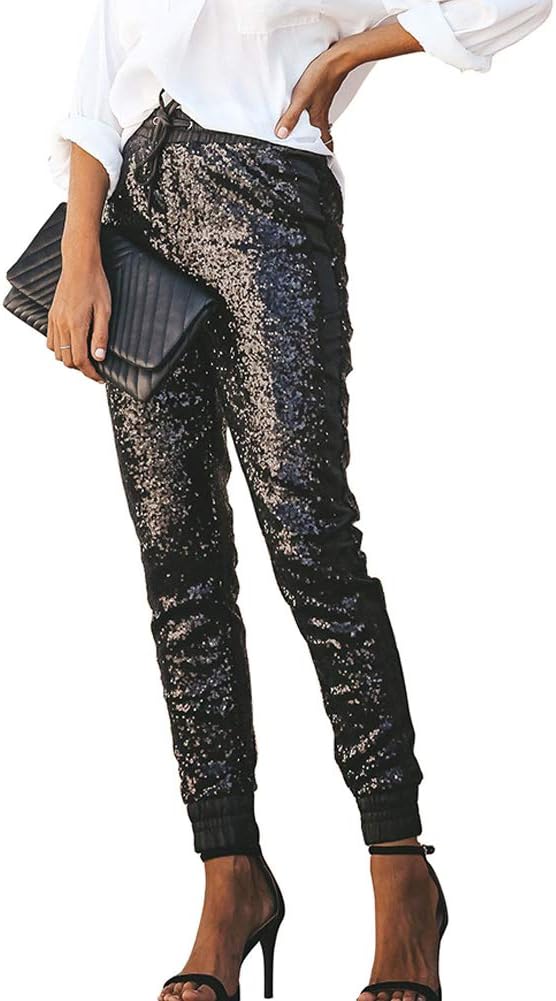 Womens Black Sequin Bling Legging Joggers Pencil Pants with Drawstring