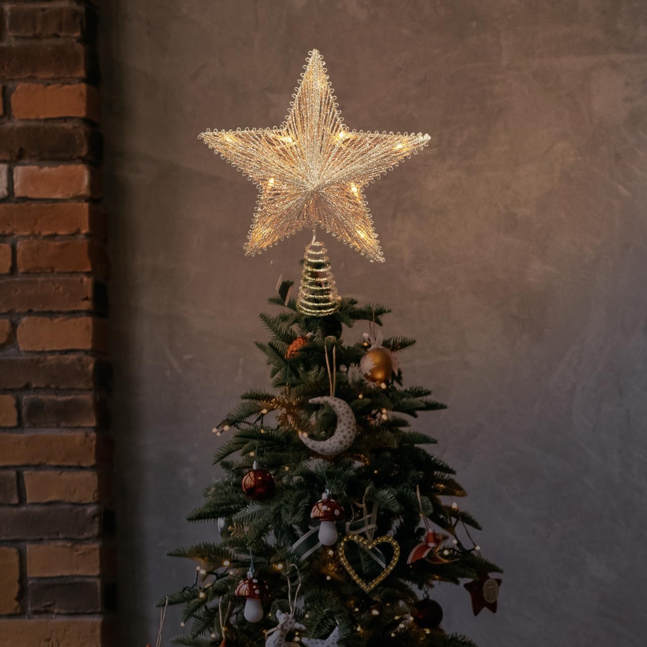 Christmas Star Tree Topper, 11.6inch Golden Christmas Tree Topper Plug in 3D Glittered Metal Hollow Star for Xmas Decoration Home Xmas Holiday Party