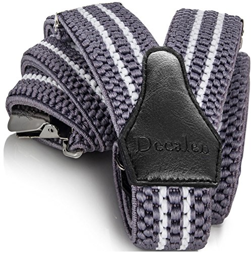 Decalen Mens Suspenders with Very Strong Clips Heavy Duty One Size Fits All Big and Tall Wide Adjustable and Elastic Braces Y Back Shape (Silver White)