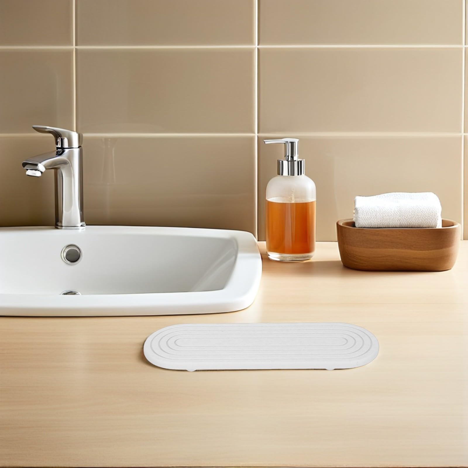 Vassoio in Pietra Diatomacea Bianco Assorbente per Bagno e Cucina Supporto in Legno Stabile e Asciugatura Rapida per Porta Bicchiere da Denti