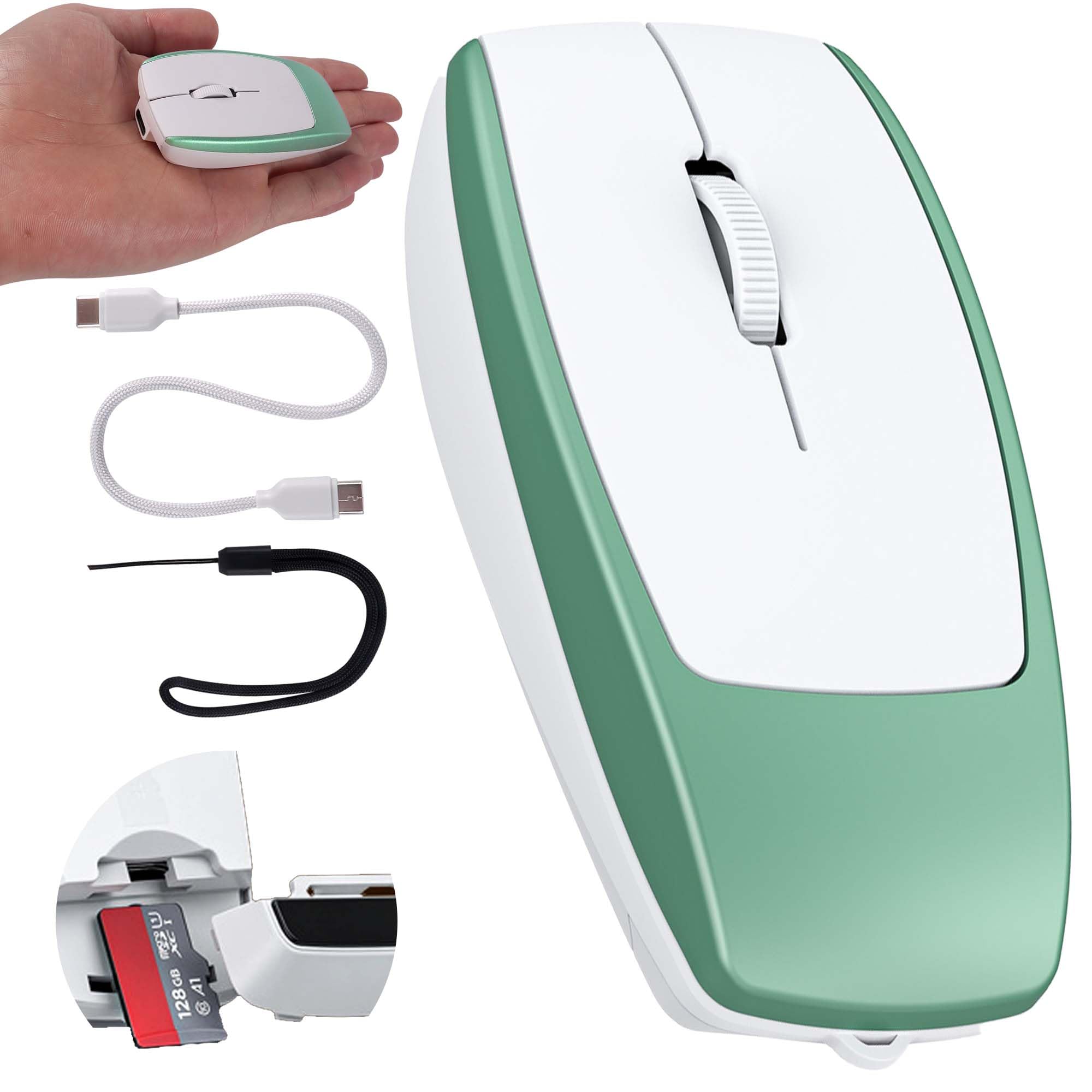 Mini Wireless Bluetooth Mouse, with Card Reader (Up to 2TB) Portable Small Silent Rechargeable Optical Travel Thin Finger Mice, 3 Levels DPI for PC/