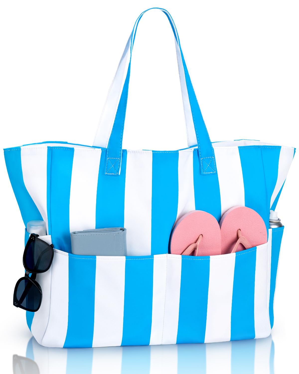 Iioscre Beach Bag for Women, Large Beach Tote Bag with Zipper Pockets, Waterproof Sandproof Swim Bag Pool Vacation Travel